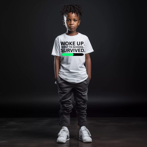 kid wearing white back-to-school t-shirt that says Woke Up went to School survived